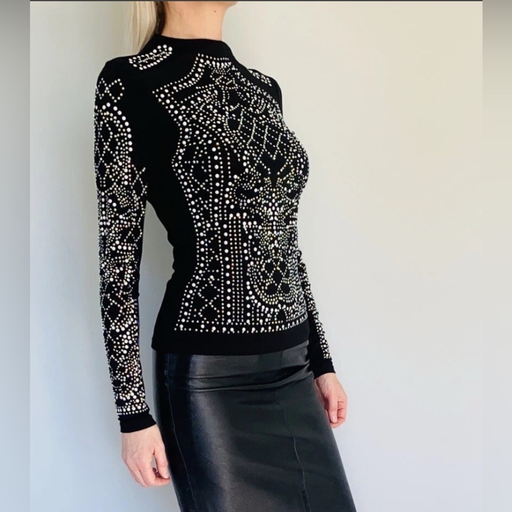 🔥 XTAREN Black Rhinestone and Beaded Top Bling Mess Mock Neck Top Size S - Picture 4 of 9